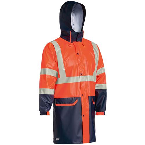 Bisley Taped 2 Tone Hi Vis Stretch PU Rain Coat w/ Concealed Hood