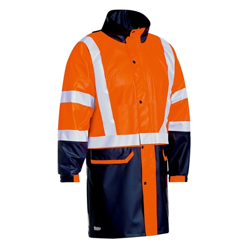 Bisley Taped 2 Tone Hi Vis Stretch PU Rain Coat w/ Concealed Hood